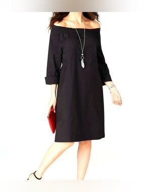 J JILL Black Smock Elastic Boat Neck Cuff 3/4 Sleeve above knee black dress MP